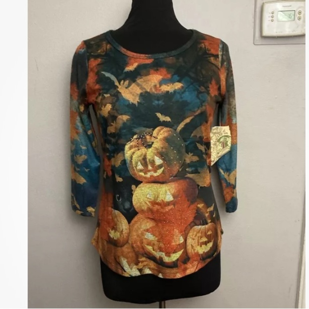 9-14 One World Top Pumpkin Cat Fall Small NWT Halloween
